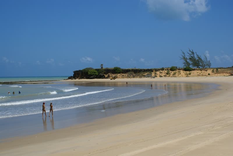 Praia de Tourinhos com formações de arenito na ponta, mar raso e uma árvore inclinada pela direção constante do vento